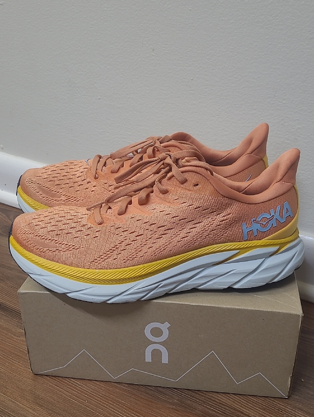 Hoka Women's Peach Running Sneakers with Yellow Trim